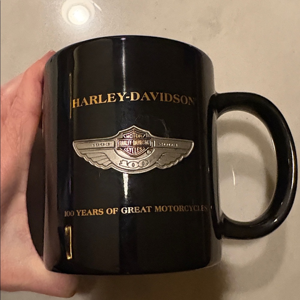 Harley-Davidson NWOT Black and Gold 100 Year Raised Emblem Anniversary Mug